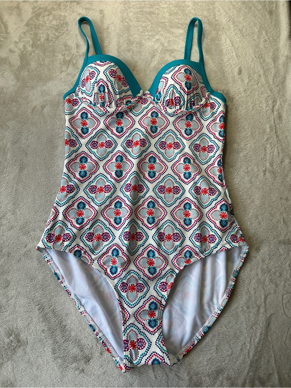 Boden Teal, Pink and White Floral Geo One-Piece Swimsuit